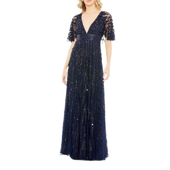$798‎ Mac Duggal 93784 Sizie 16 Blue Embellished V-Neck Column Gown Maxi Dress - Picture 2 of 4